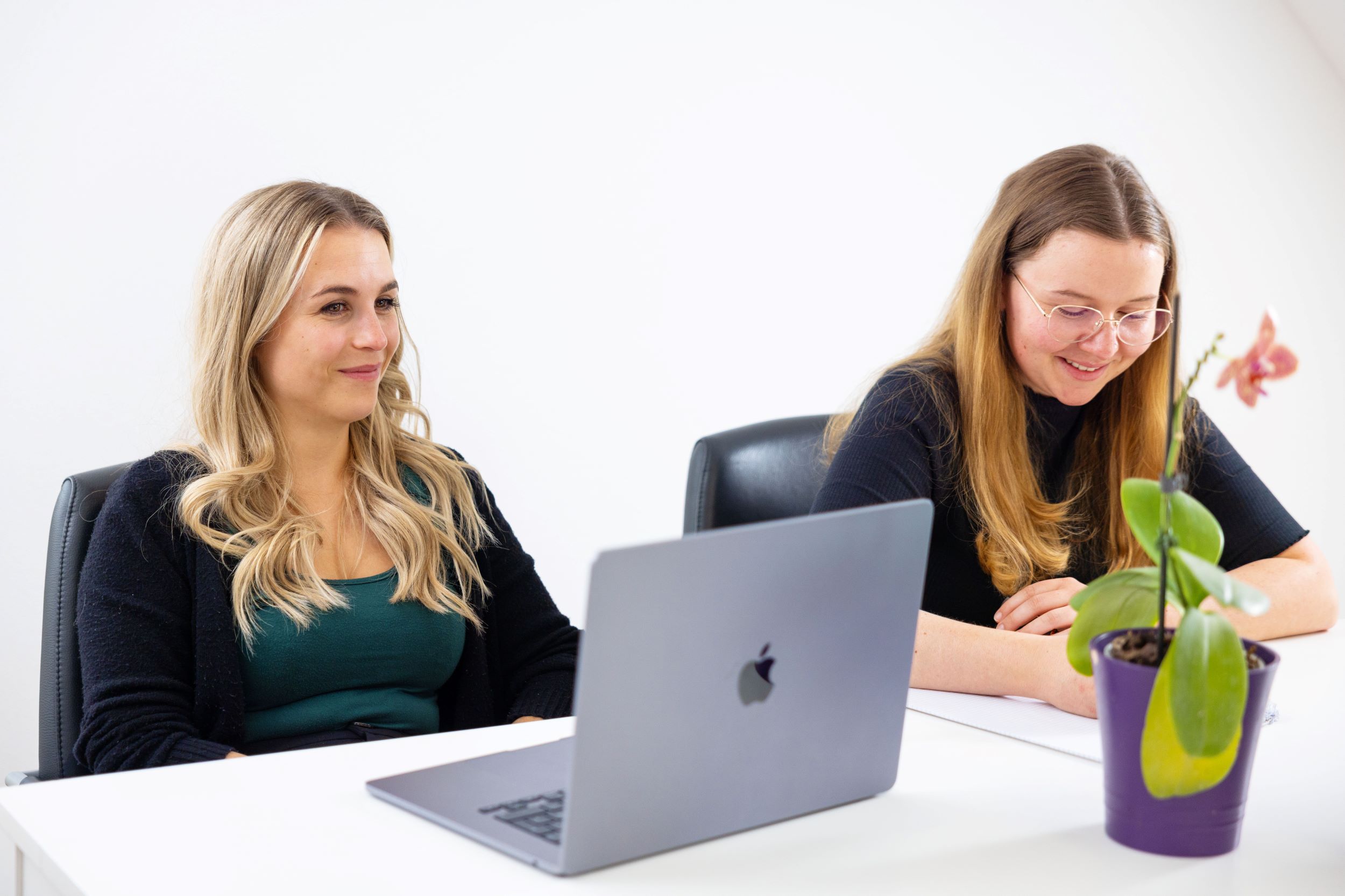 Zwei Frauen im Gespräch am Laptop im Büro